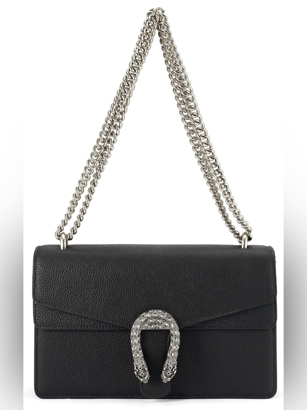 Genuine Leather Black Shoulder Bag Silver Chain Crossbody Purse Women 11 Inch